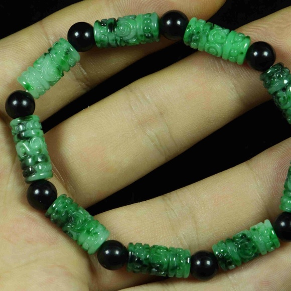 Green 100% Natural A Jade Jadeite Mantra Barrel Bead Bracelet 真言手链 - Picture 2 of 8